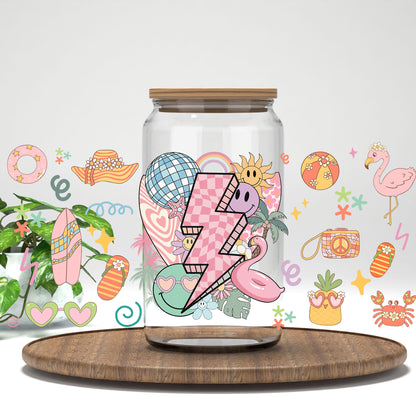 Retro Beach UV DTF wrap on a clear glass can
