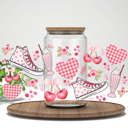 Gingham and Cherries UV DTF wrap on a clear glass can