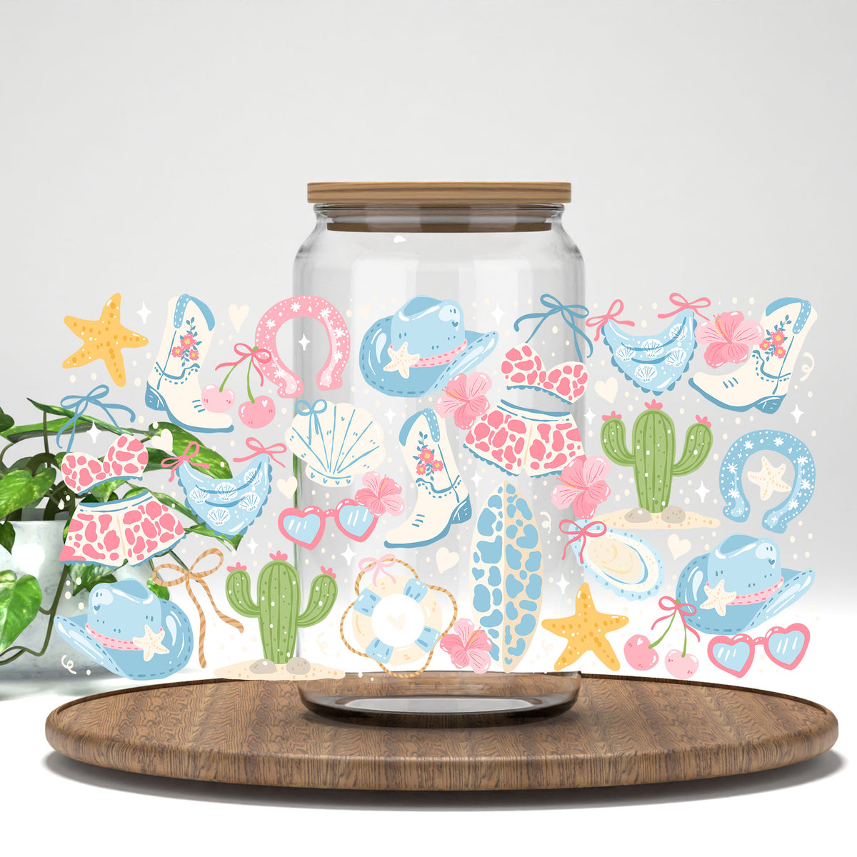 Pastel Desert Beach UV DTF wrap on a clear glass can