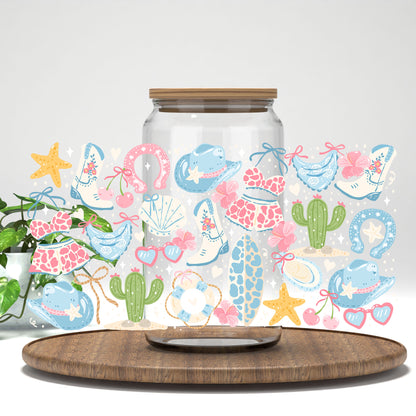 Pastel Desert Beach UV DTF wrap on a clear glass can