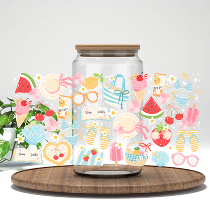 Summer Beach UV DTF wrap on a clear glass can