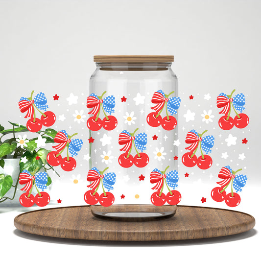 4th of July Cherries UV DTF wrap on a clear glass can