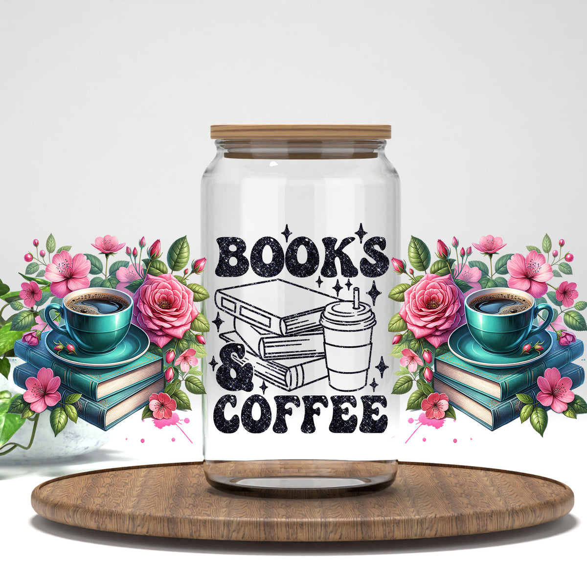 Books and Coffee UV DTF wrap on a clear glass can