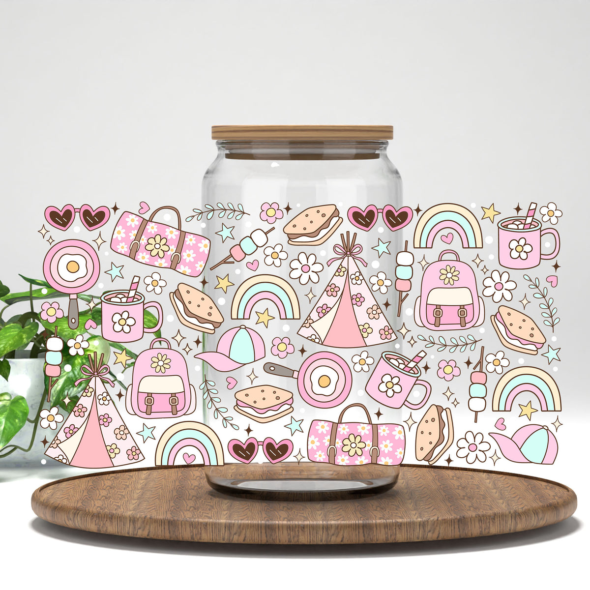 Girly Camping UV DTF wrap on a clear glass can