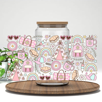 Girly Camping UV DTF wrap on a clear glass can