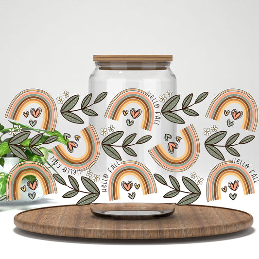Hello Fall boho rainbows and leaves UV DTF full wrap on a clear glass can