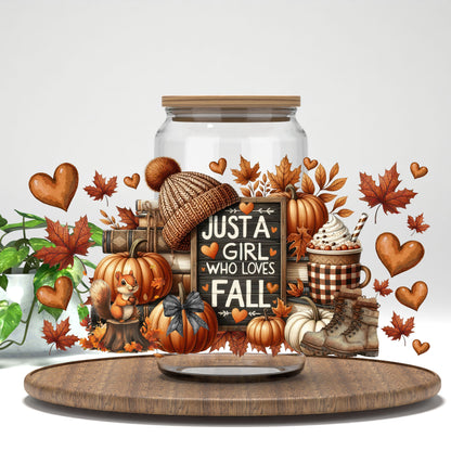 Just a Girl Who Loves Fall rustic pumpkins and boots UV DTF wrap on a clear glass can