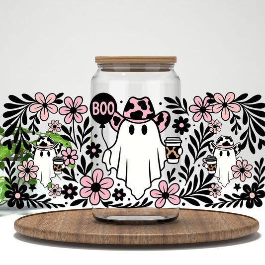 Boo Cowgirl Ghost UV DTF full wrap on a clear glass can