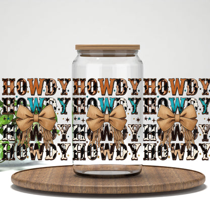 Howdy Western UV DTF full wrap on a clear glass can
