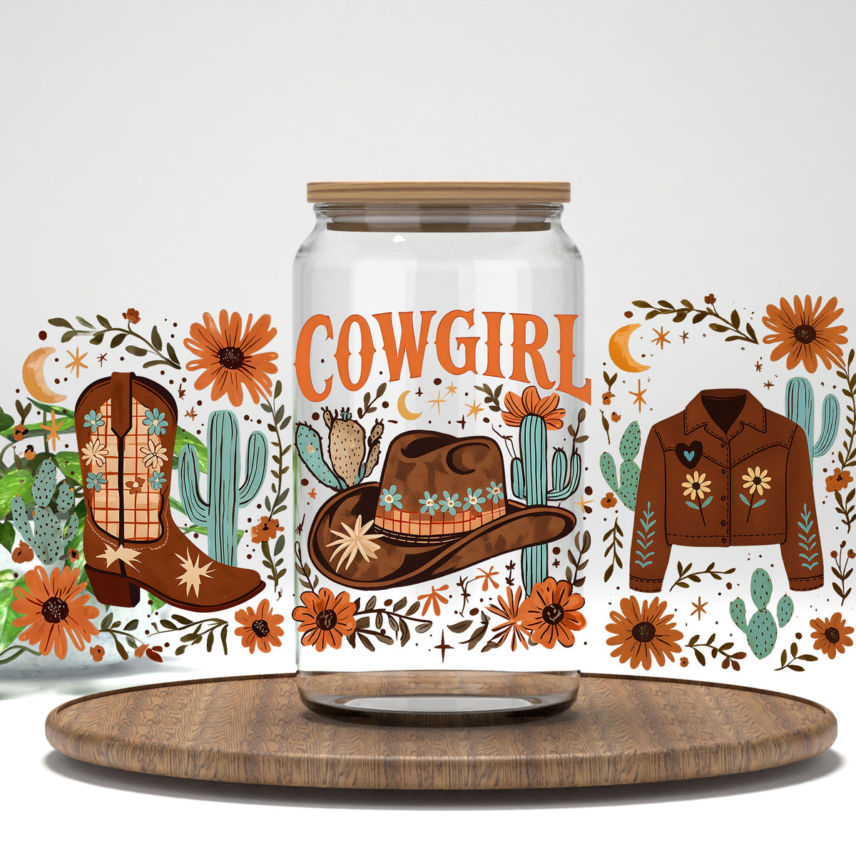 Cowgirl UV DTF full wrap on a clear glass can