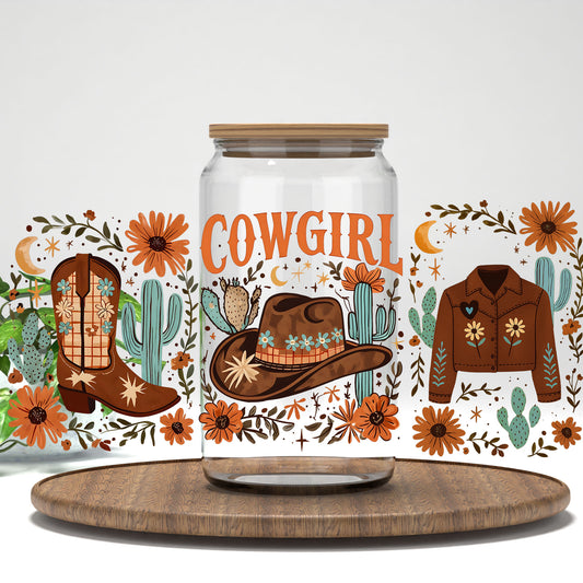 Cowgirl UV DTF full wrap on a clear glass can