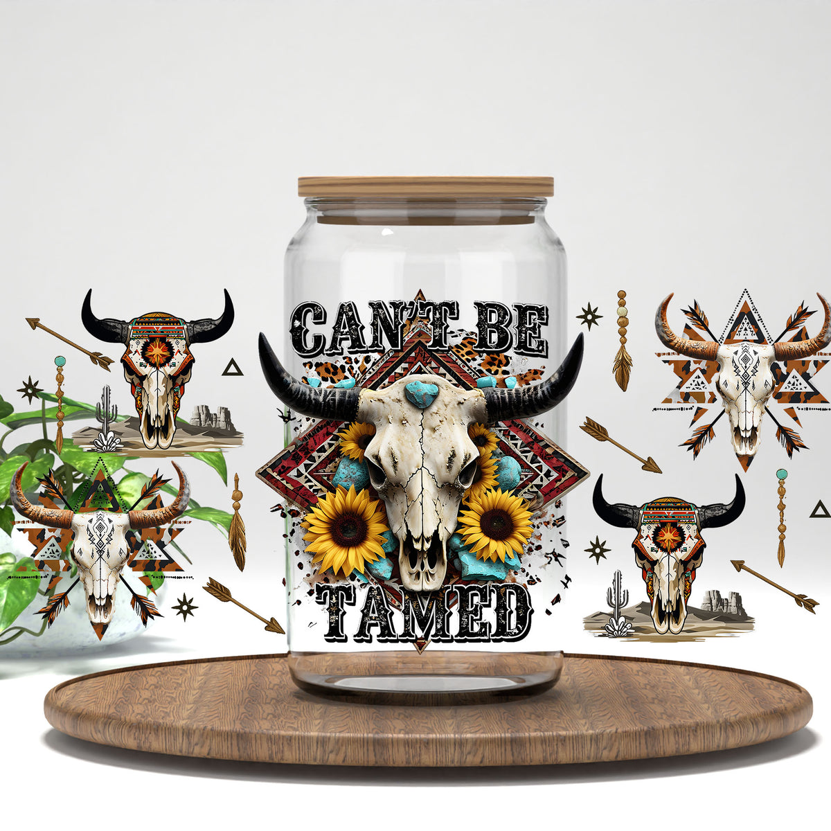 Can't Be Tamed UV DTF full wrap on a clear glass can