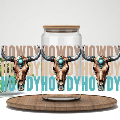 Howdy turquoise bull skulls UV DTF full wrap on a clear glass can
