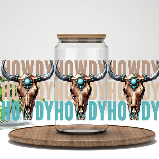 Howdy turquoise bull skulls UV DTF full wrap on a clear glass can