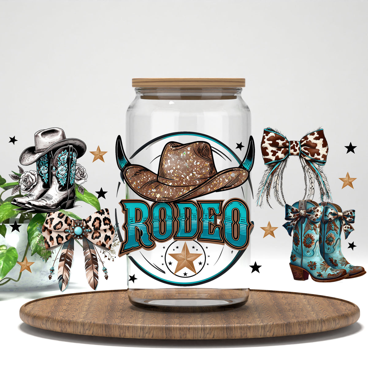 Rodeo UV DTF full wrap on a clear glass can