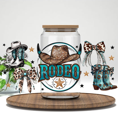 Rodeo UV DTF full wrap on a clear glass can
