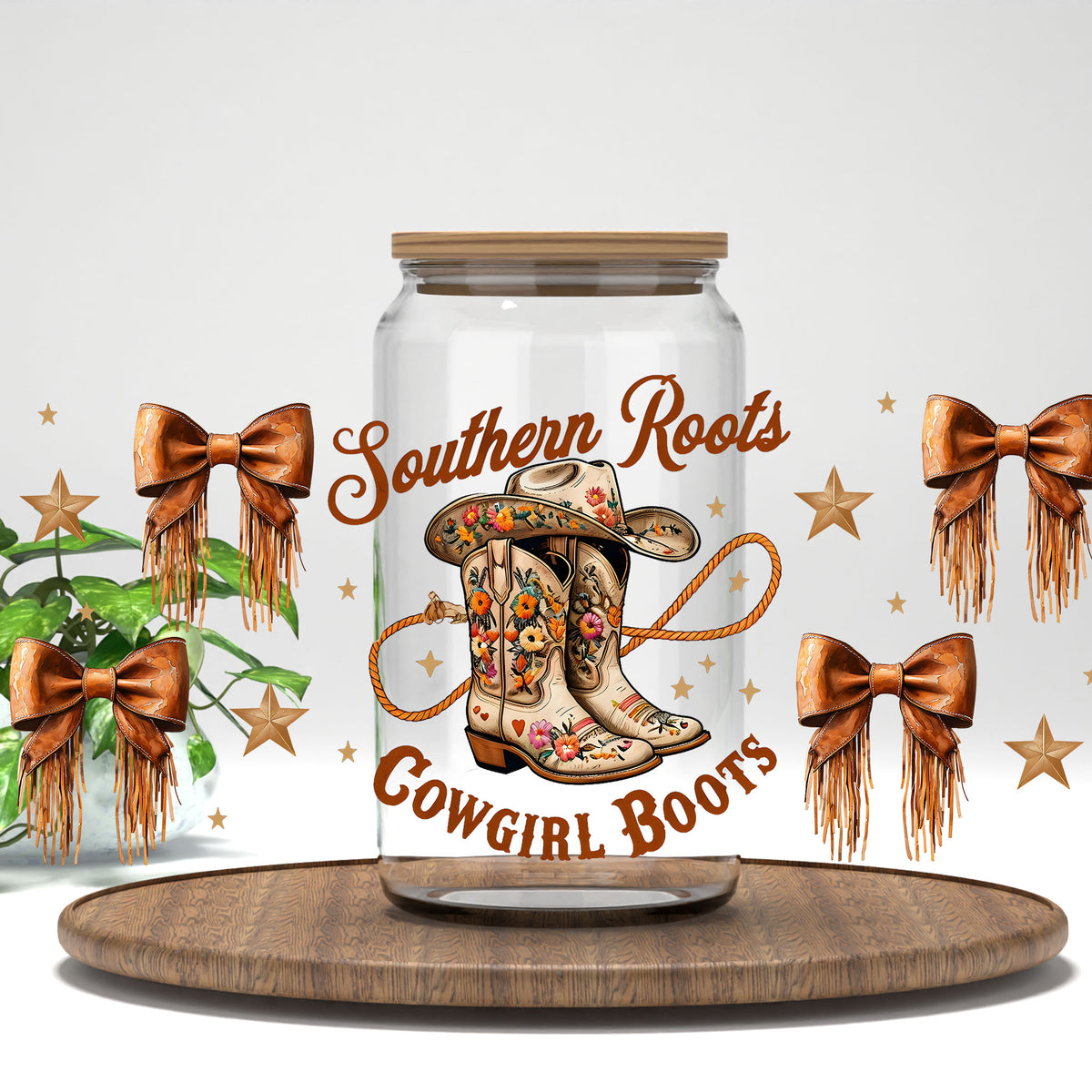 Southern Roots Cowgirl Boots UV DTF full wrap on a clear glass can