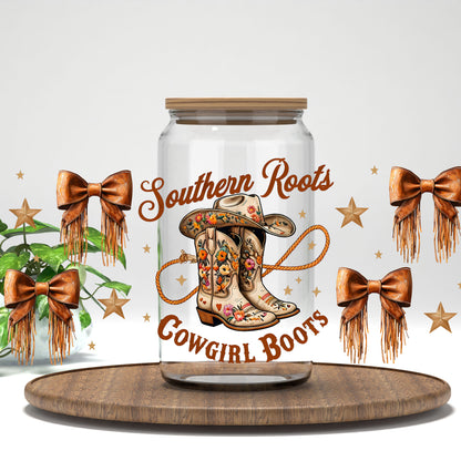 Southern Roots Cowgirl Boots UV DTF full wrap on a clear glass can