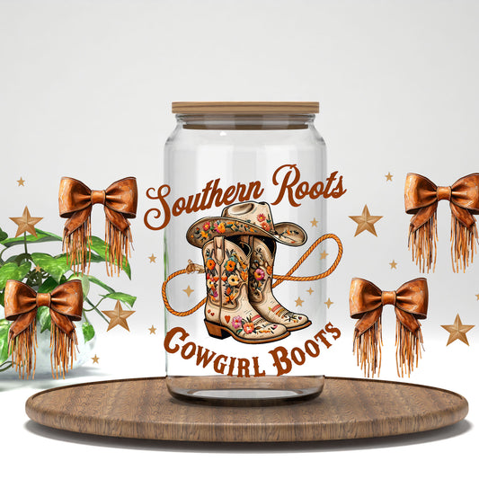 Southern Roots Cowgirl Boots UV DTF full wrap on a clear glass can