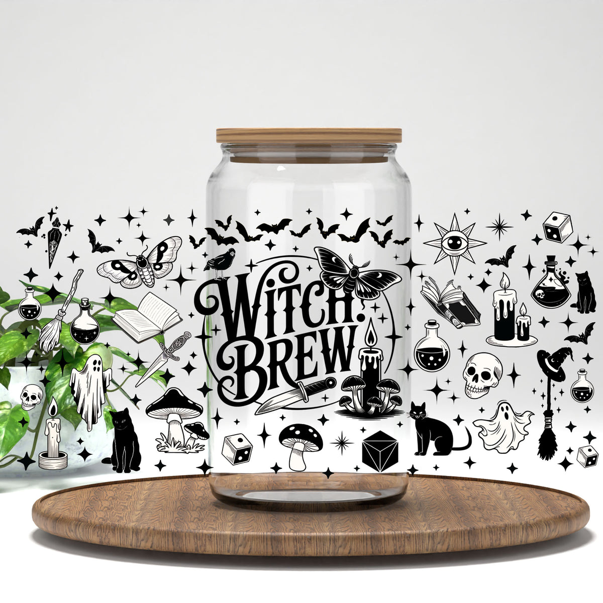 Witch Brew UV DTF full wrap on a clear glass can