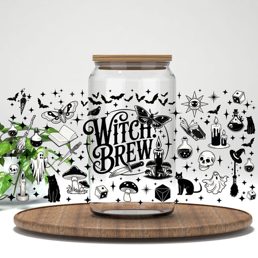 Witch Brew UV DTF full wrap on a clear glass can