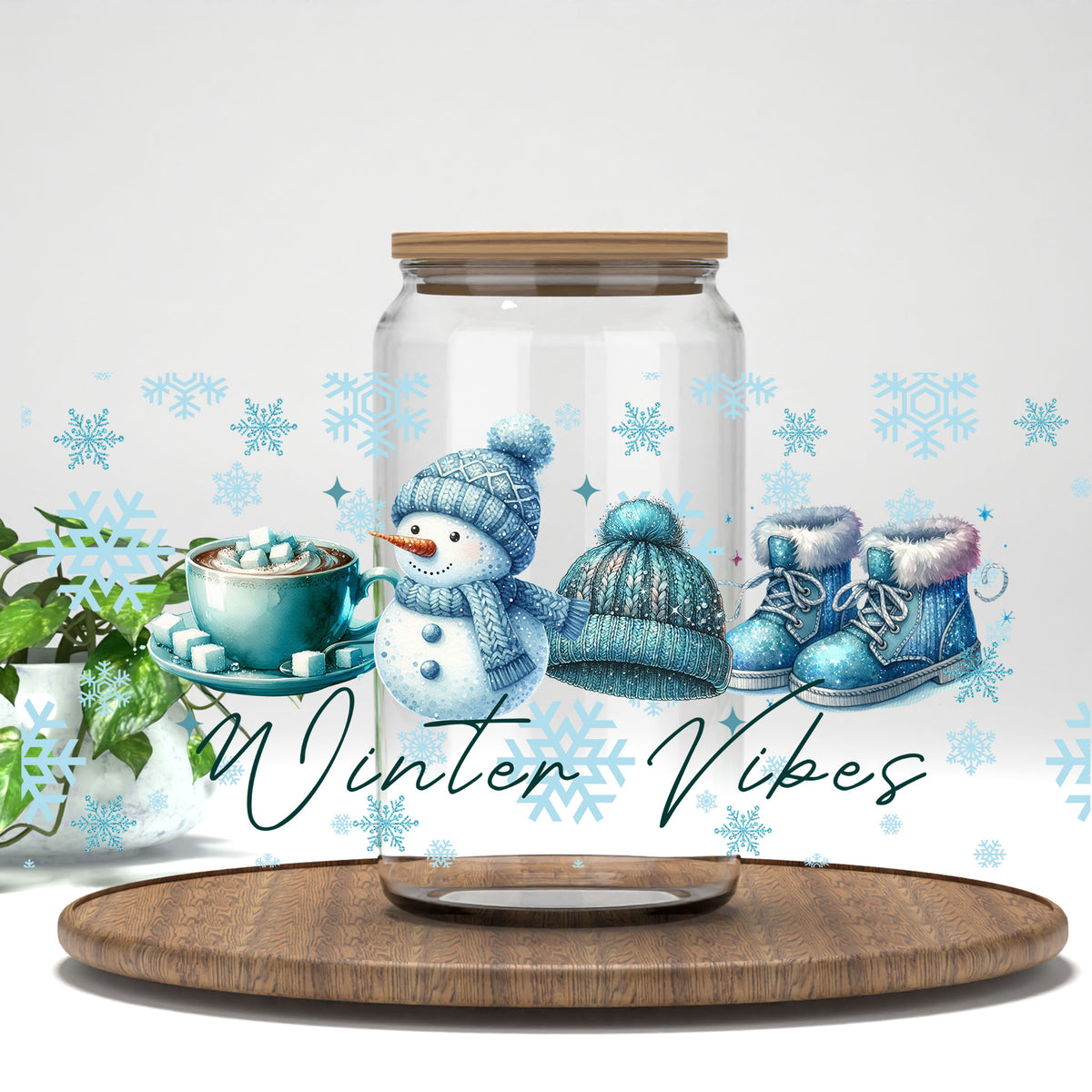 Winter Vibes UV DTF full wrap on a clear glass can