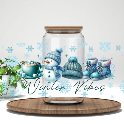 Winter Vibes UV DTF full wrap on a clear glass can