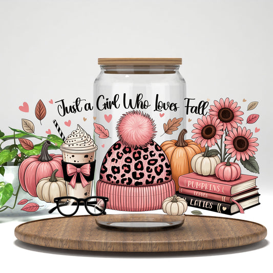 Just a Girl Who Loves Fall pink leopard beanie and books UV DTF wrap on a clear glass can