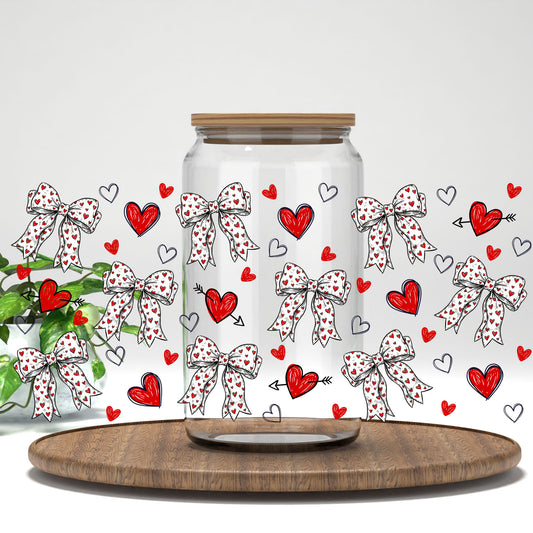 Hearts and Bows UV DTF full wrap on a clear glass can