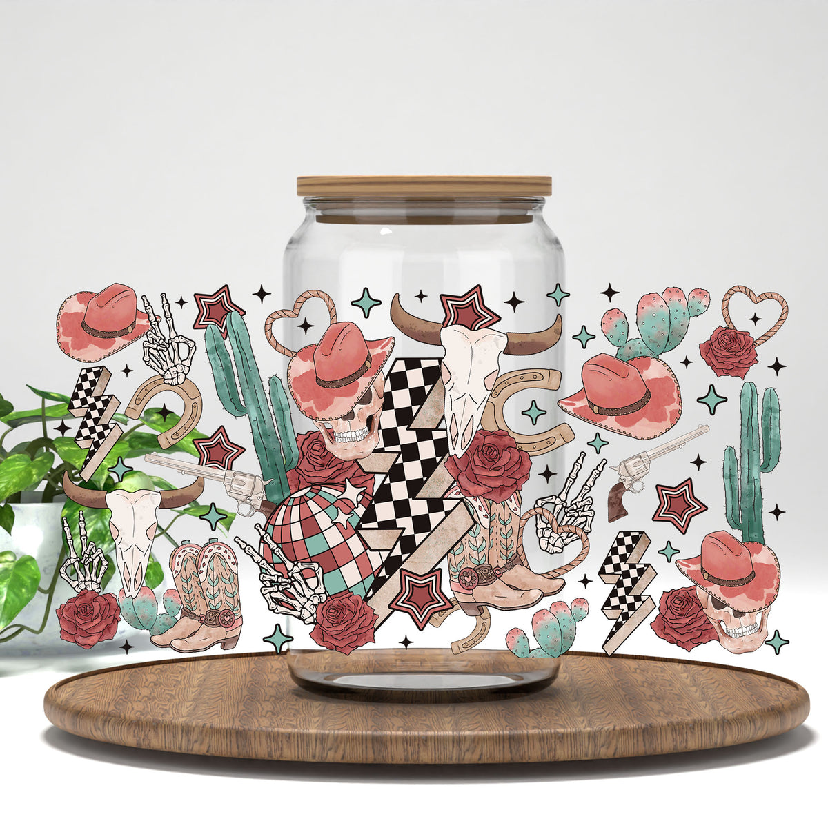 Retro Western Skull UV DTF wrap on a clear glass can