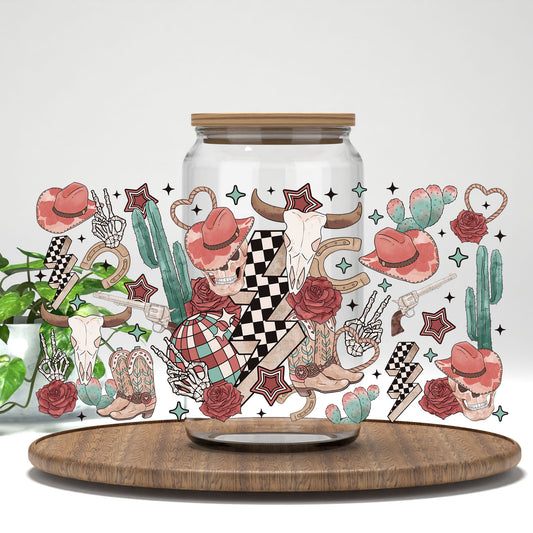 Retro Western Skull UV DTF wrap on a clear glass can