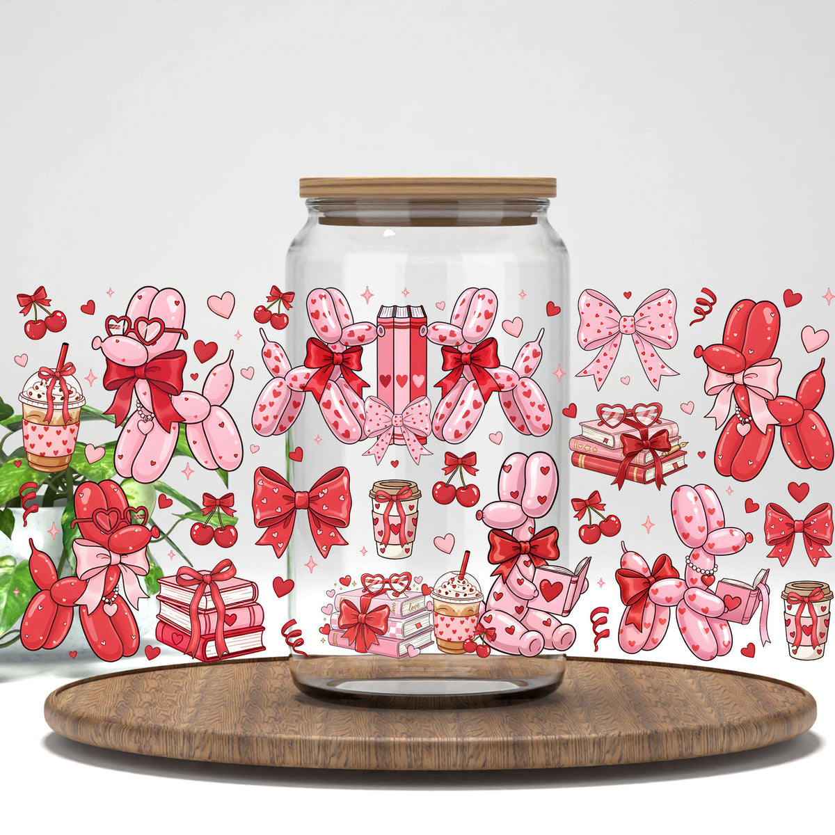 Balloon Valentine UV DTF full wrap on a clear glass can