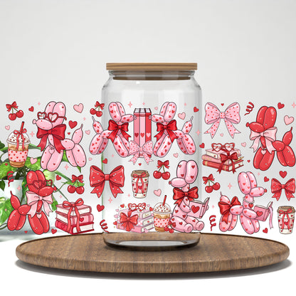 Balloon Valentine UV DTF full wrap on a clear glass can