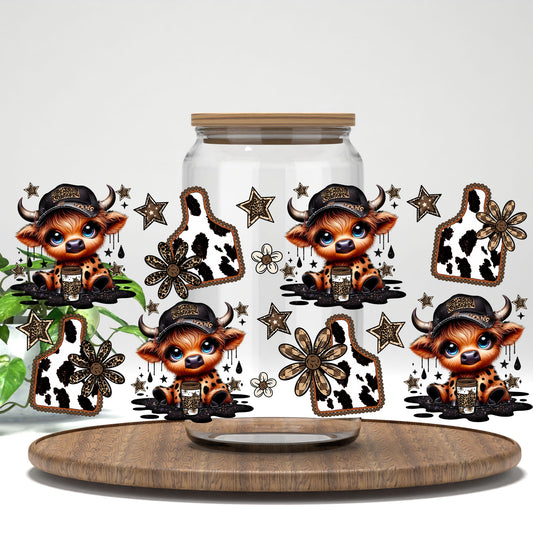 Country Cowgirl Highland Cow UV DTF full wrap on a clear glass can