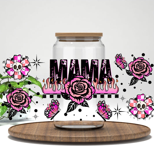 Mama pink roses and flames UV DTF full wrap on a clear glass can