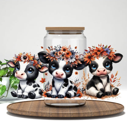 Cute Cow UV DTF wrap on a clear glass can