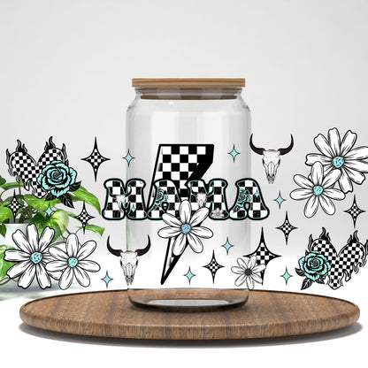 Mama checkered lightning bolt and daisies UV DTF full wrap on a clear glass can