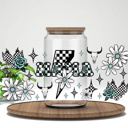 Mama checkered lightning bolt and daisies UV DTF full wrap on a clear glass can