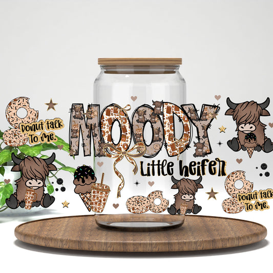 Moody Little Heifer UV DTF full wrap on a clear glass can