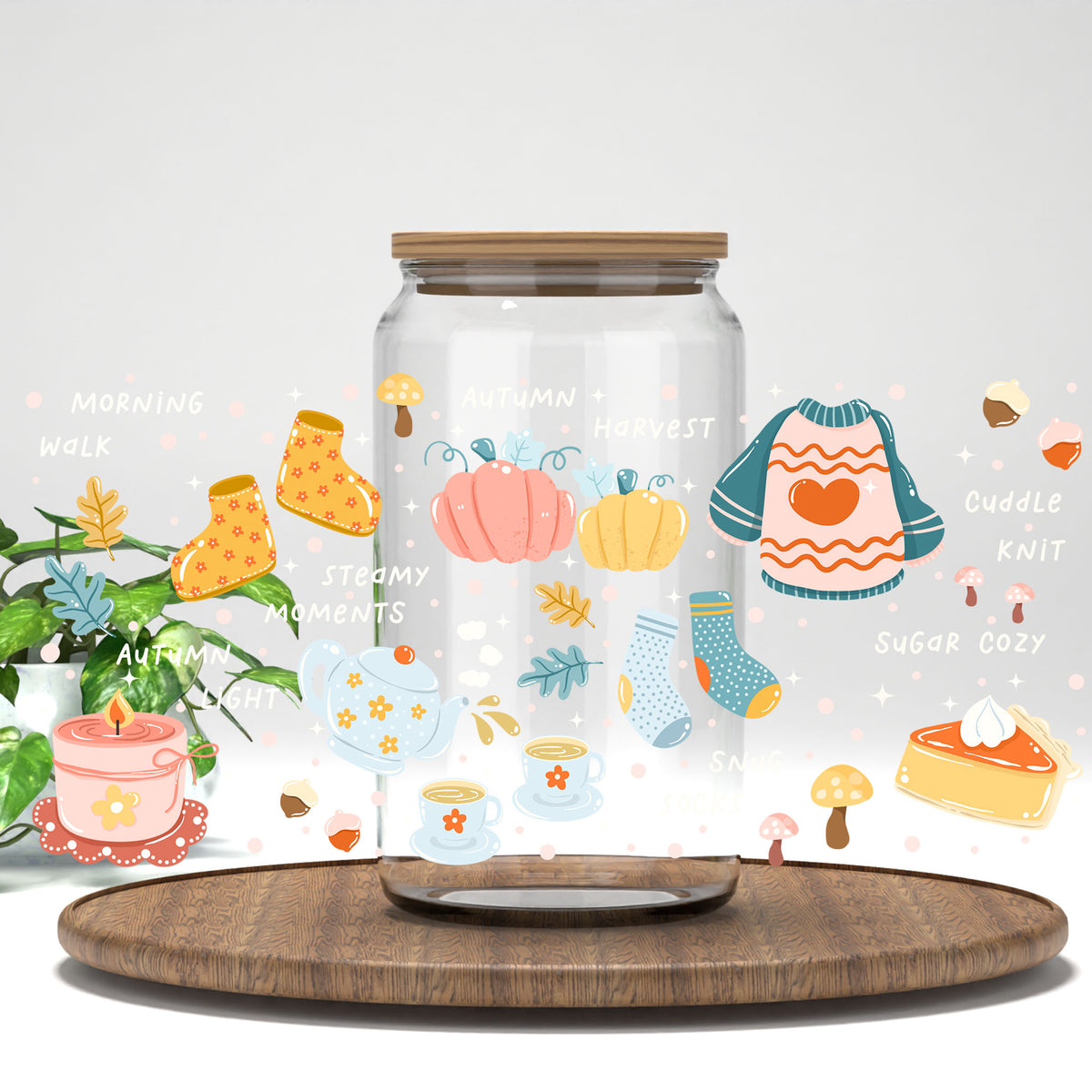 Cozy Fall Icons UV DTF full wrap on a clear glass can