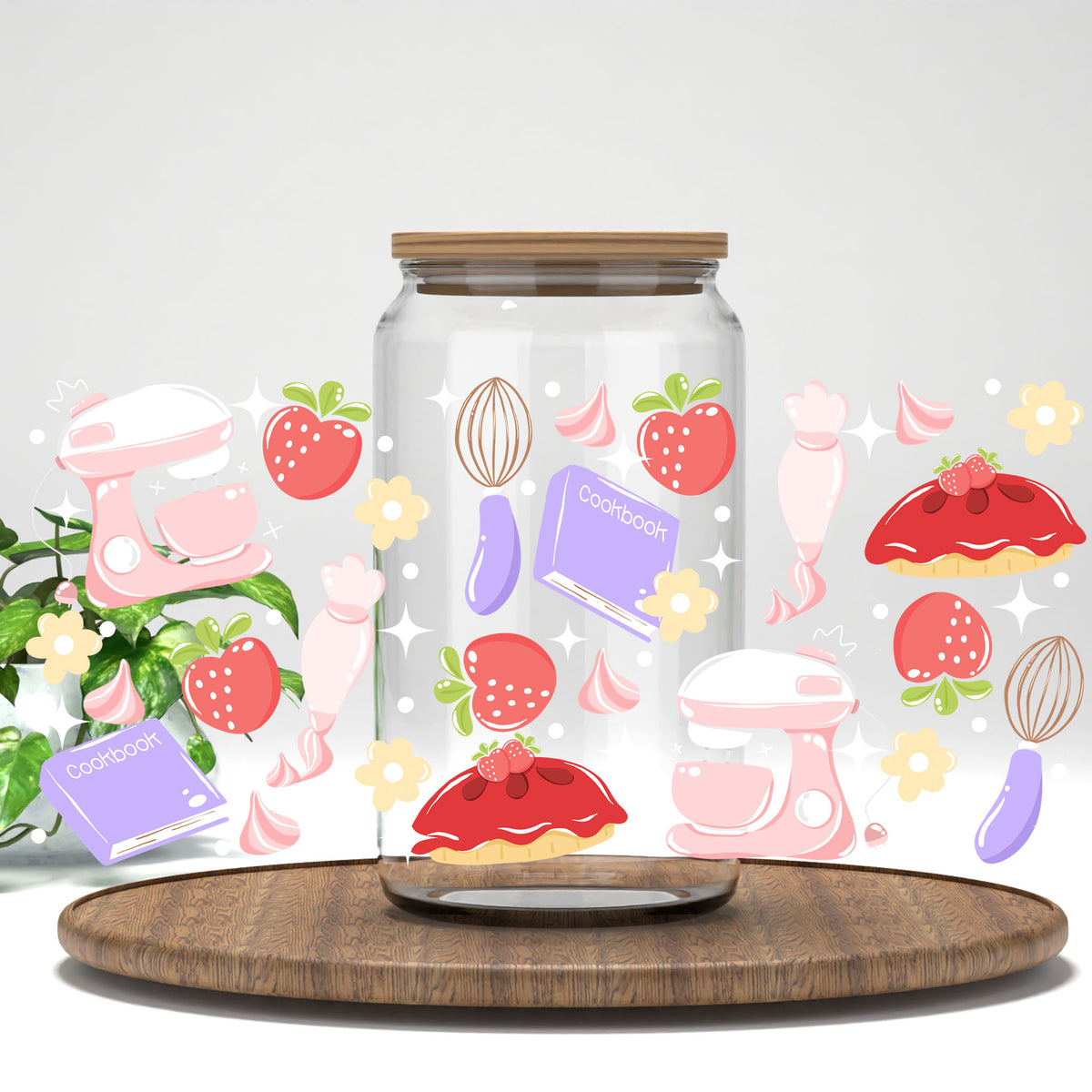 Strawberry Pie Baking UV DTF full wrap on a clear glass can