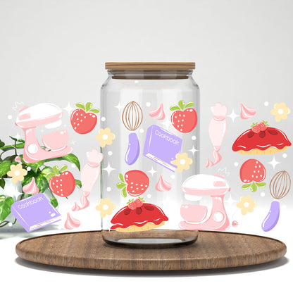Strawberry Pie Baking UV DTF full wrap on a clear glass can