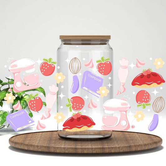 Strawberry Pie Baking UV DTF full wrap on a clear glass can