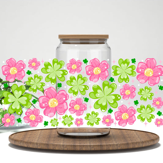 Pink Flowers and Clovers UV DTF full wrap on a clear glass can