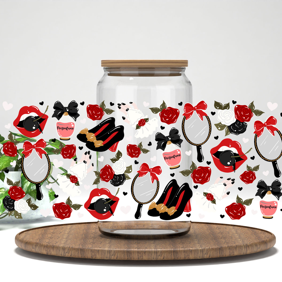 Red Lips and Roses UV DTF full wrap on a clear glass can