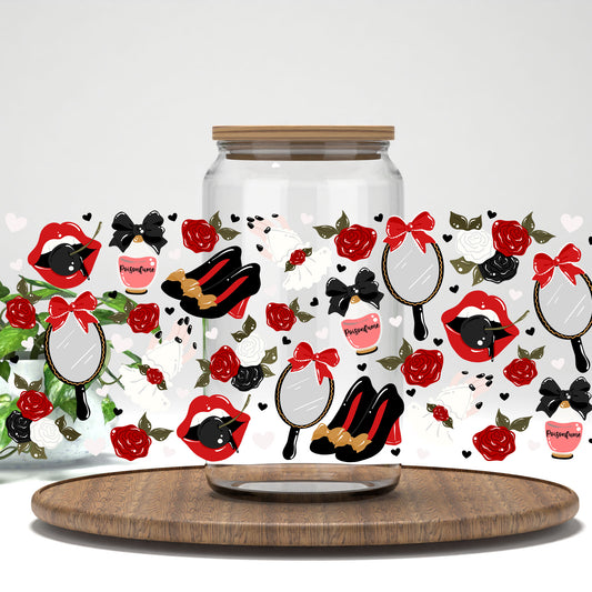 Red Lips and Roses UV DTF full wrap on a clear glass can