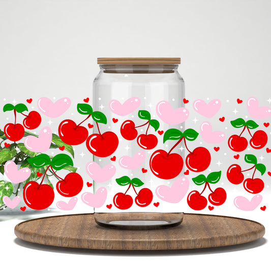 Pink Hearts and Cherries UV DTF full wrap on a clear glass can