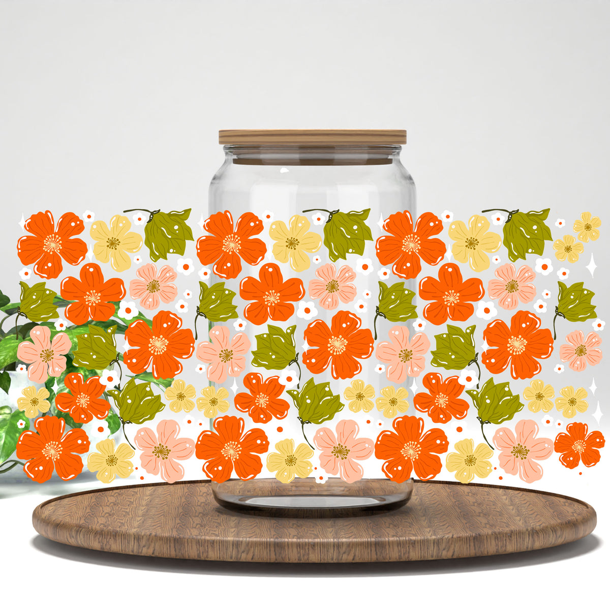 Cozy Fall Flowers UV DTF full wrap on a clear glass can