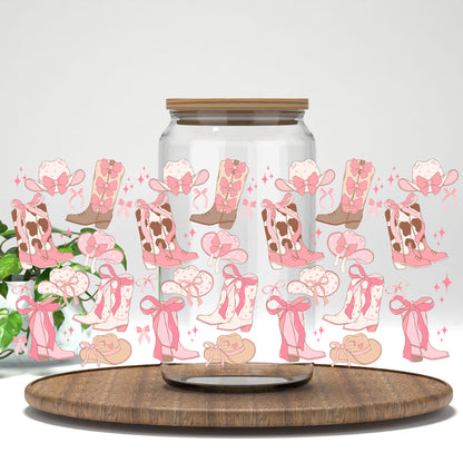 Pink Cowgirl Coquette UV DTF full wrap on a clear glass can