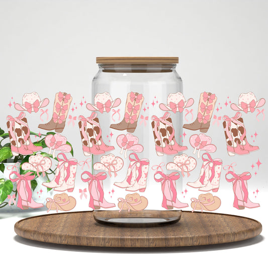Pink Cowgirl Coquette UV DTF full wrap on a clear glass can